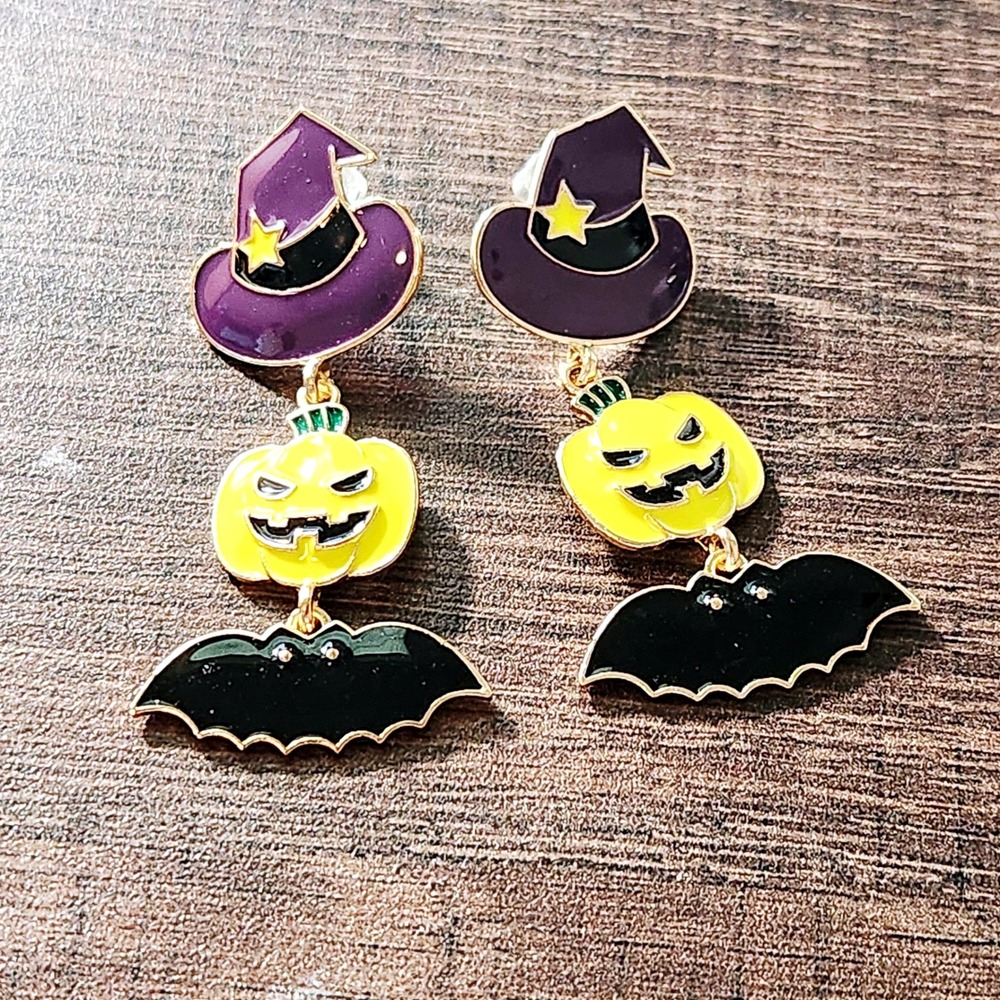 Halloween‎ Witch Hat Pumpkin Bat Enamel Drop Earrings Gold Tone Spooky Jewelry